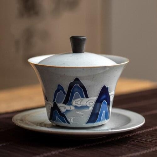 Retro Vintage Mountains Gaiwan Ceramic Tea Bowl Kung Fu Tea Tureen Chinaware Hand-painted Porcelain Kung Fu Tea Set Bow