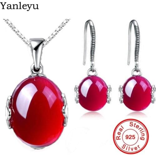 Yanleyu Luxury Natural Rubis Bridal Engagement Jewelry Sets Solid 92 Silver Red Gem Stone Pendant Necklace Drop Earrings PS002