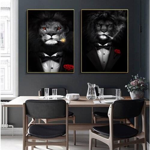 Funny Animal Black White Lion In Suit Canvas Art Posters And Prints Abstract Animals Canvas Paintings On the Wall Art Pictures
