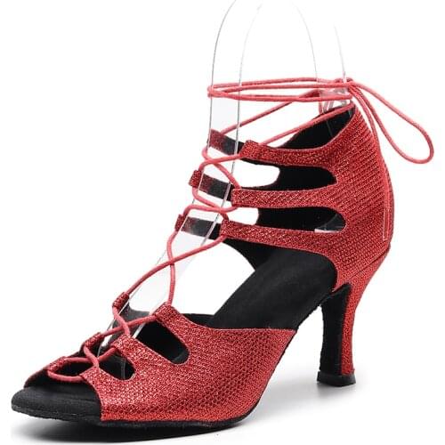 Ladies Lace Up Latin Dance Shoes Red Glitter Ballroom Salsa Dancing Shoes For Wedding Party Women Soft Sole Latino Dance-shoes