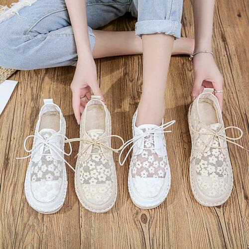 2020 Summer New Forest Art Casual White Shoes Lace Embroidery Lace Flat Female Shoes Tide 2 Colors Flats For Women Ladies Shoes