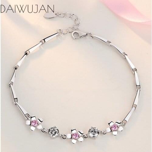 DAIWUJAN Korean Style Pink Crystal Cherry Blossom Bracelet Female 925 Sterling Silver Flower Womens Bracelets Wedding Jewelry