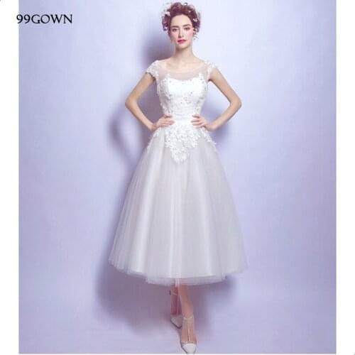 99GOWN 2019 Women Ivory Wedding Dress Tea Length Wedding Dresses For Women Lace Beading Flower A-Line Ball Gown