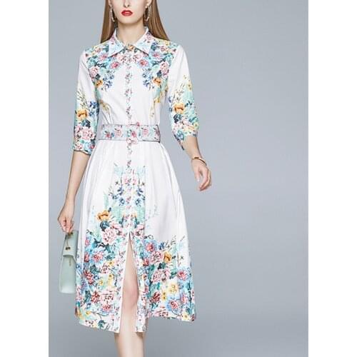 Elegant Flower Print Boho Women Dress Summer Fall Casual Single-breasted Floral Vacation Midi Dress With Belt k1820