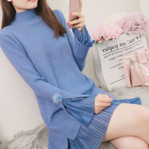 Fake Two Knitted Dress Female 2021 Autumn Winter Flared Sleeves Casual Loose Pleated Dresses Women Chiffon Stitching Turtle-neck