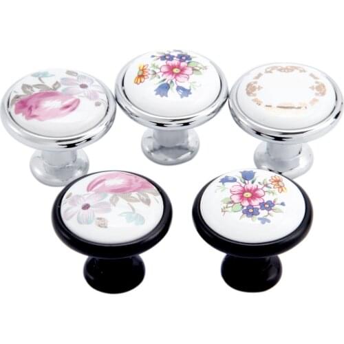 1Pc Ceramic Flower Pattern Handles and Knobs Door Drawer Cupboard Pulls Kitchen Furniture Hardware