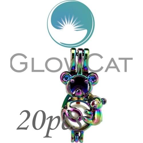 20x CC695 Rainbow Color Koala Mom Kids Stone Beads Cage Jewelry Making Essential Oil Diffuser Pearl Cage Locket Pendant