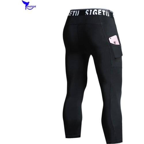 Elastic Men Compression Sport Capris Running Tights with Pocket Jogging Pants 3/4 Gym Fitness Training Trousers Cropped Leggings