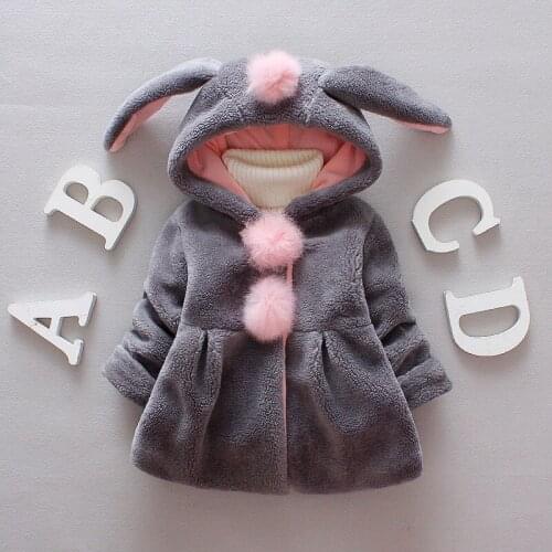 Baby Girls Jacket with Rabbit Ear Cap Solid Color Long Sleeve Button-up Coat Children Outerwear for Autumn Winter 6M to 4Y