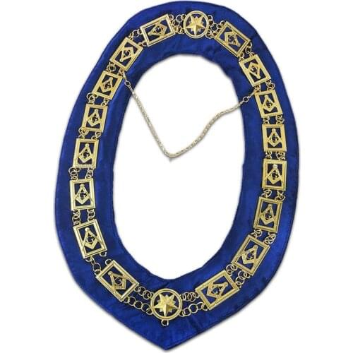 Masonic master Mason chain collar blue velvet backing G silver plated compass and square with Masonic emblems metal