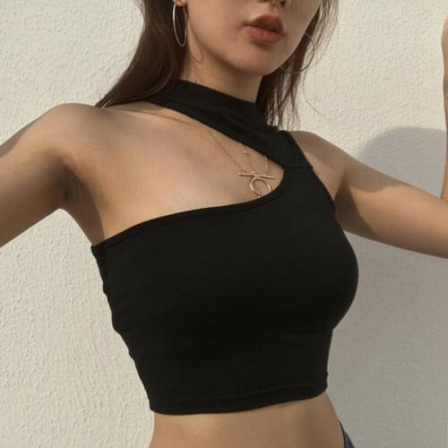 Fashion Summer Women Casual One Shoulder Tank Top Vest Blouse Sleeveless Sexy Girls Summer Vest Crop Top Shirts Slim Black Tanks