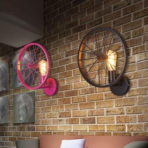 Retro wall lamp. Loft industrial iron water pipe light. Creative Bicycle Wheel lamp bar inn home lighting fixture deco art