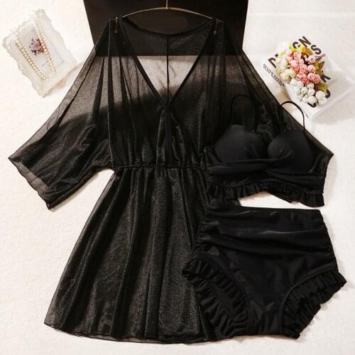 STAERK 2021 new black sexy gathered bikini three piece hot spring cover belly show thin conservative swimsuit women