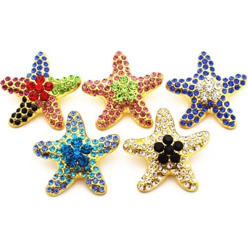 New Arrived Mixs 3pcs Metal Gold Colorful Starfish Crystal Snap Button Charms Fit 18mm Ginger Snap Button Bracelet DIY Jewelry