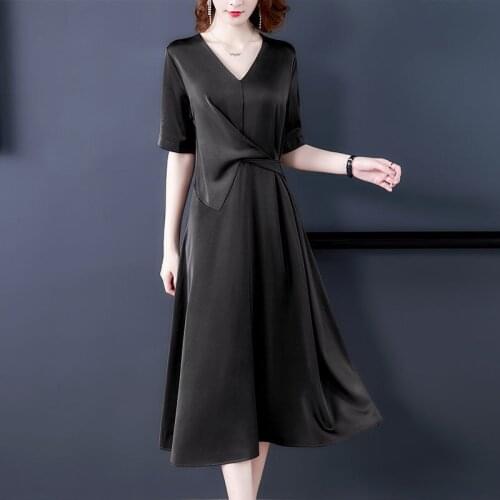 Satin Fashion Elegant V-neck Women Dress 2020 Summer New Slim Acetate Dress Short Sleeve Formal Dresses For Office Ladies K798