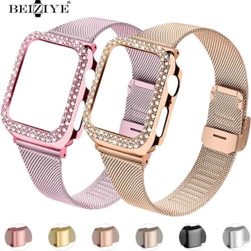 Stainless steel Strap+Diamond Case For Apple Watch 40mm 38mm 44mm 42mm Protecties Crystal Diamond Case For iWatch SE 6 5 4 3 2 1