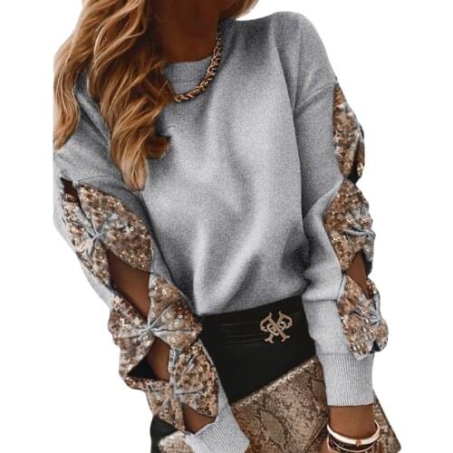 Spring Autumn Women’s Round Neck Sweaters, Office Ladies Sequin Bowknot Cutout Long Sleeve Loose Knit Pullovers
