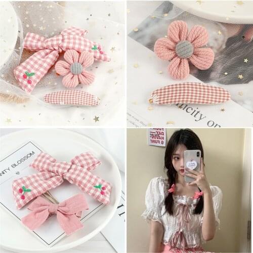 2-3Pcs/Set Pink Style Hairpin Elegant Cherry Embroidery Barrettes Solid Hair Bow Headwear Fabric Hair Clip Girl Hair Accessories
