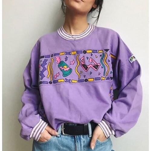 Women Hoodies Purple Round Neck Young Girls Female Printed Clothes Loose Cute Women Autumn Pullover Sweatershirts Oversize