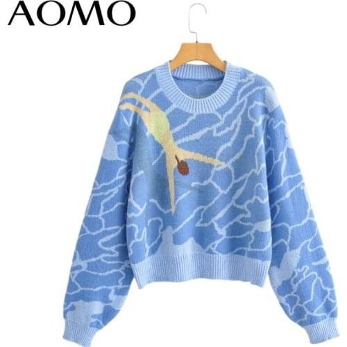 AOMO Women 2021 Fashion Elegant Swim Girl Knitted Sweater jumper O Neck Female Pullovers Chic Tops BC28A