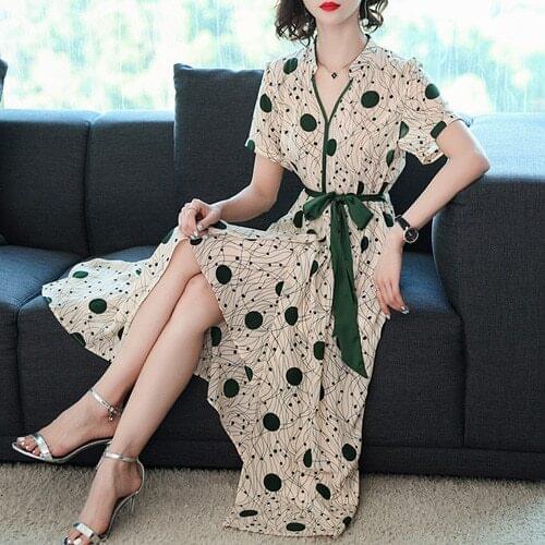 2021 Summer New Women Fashion Printed Dot Long Maxi Dresses Short Sleeve Plus Size Office Lady V-neck Temperament Casual Dress