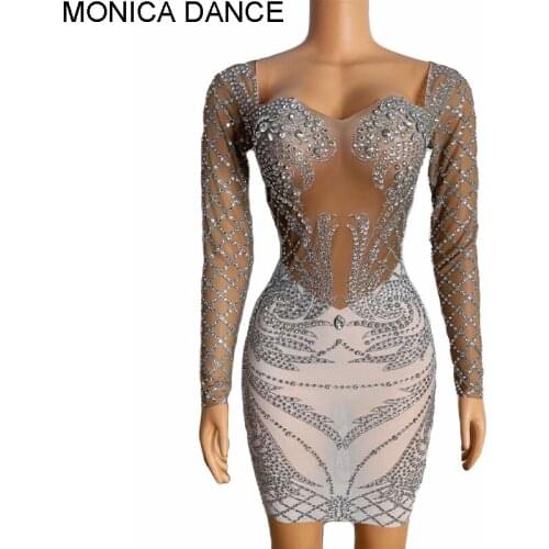 Women Sexy Stage Rhinestone Mesh Short Dress Evening Nightclub Dj Birthday Celebrate Sexy Costume Dancer Singer Party Show Dress