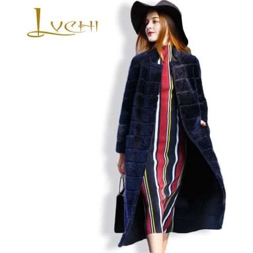 LVCHI Women Navy Fashion Fur Coat Full Sleeve Genuine Leather Real Fur Winter Warm Thick Full Pelt Fur With Striped Cut Mink Fur