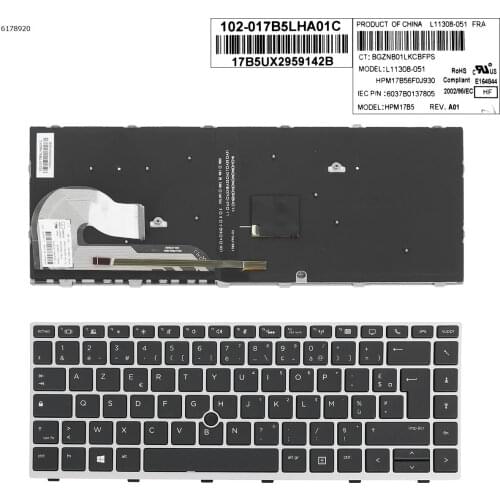 French AZERTY New For HP EliteBook 840 G5 846 G5 745 G5 ZBook 14u G5 G6 Laptop Replacement Keyboard Silver Frame Backlit Pointer