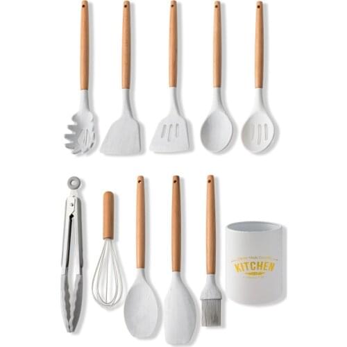 White Set of 11 Silicone Kitchen Utensils Pack Baking Accessories Cream Spatula Anti-scalding Clip Tools Cutlery Storage Tube