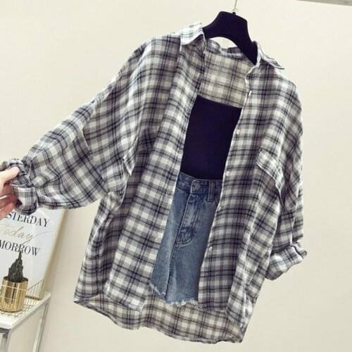 Blouse Women Shirt Plaid Women Spring Autumn Long Sleeve Loose-Fitting Coat Top Blusas Mujer De Moda