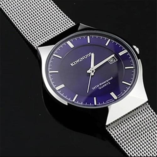 Top KINGNUOS Brand Men Watches Ultra Thin Simple Clock Black Gold Face Band Mesh Belt Stainless Steel Calendar Male Wrist Watch