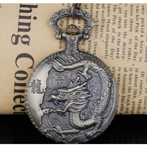Bronze Design Chinese Style Dragon Quartz Pocket Watch With Necklace Chain Best Gift CF1039