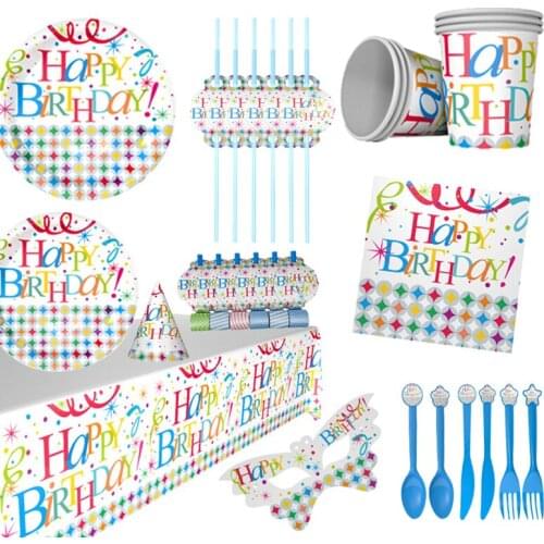 Happy Birthday Theme Paper Plates Napkins Spoon Fork Tablecloth Disposable Tableware Set Children Kids Birthday Party Decoration