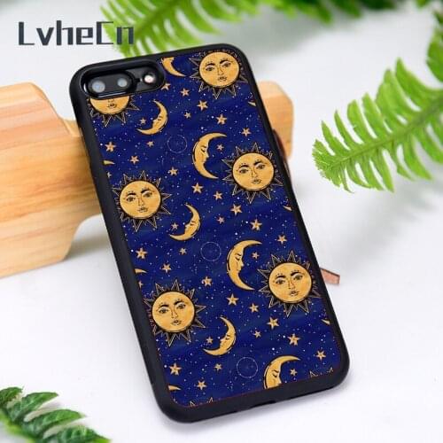 LvheCn Silicone Rubber Phone Case Cover for iPhone 6 6S 7 8 Plus X XS XR 11 12 Mini Pro Max Vintage moon and sun stars celestial