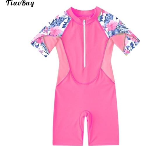TiaoBug Summer Kids Girls One-Piece Swimming Jumpsuit Short Sleeves Front Zipper Shorts Bodysuit Beach Pool Bathing Swimwear