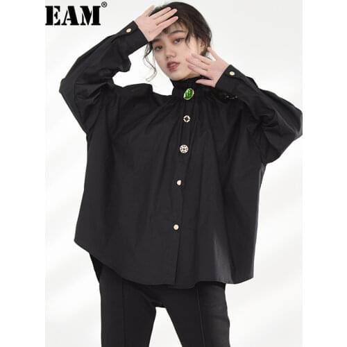[EAM] Women Ruffles Button Decoration Big Size Blouse New Stand Collar Long Sleeve Shirt Fashion Spring Autumn 2021 1DD347801