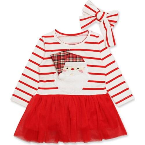 FOCUSNORM 0-4Y Christmas Infant Baby Girls Dress Headband 2pcs Santa Print Striped Long Sleeve Lace Patchwork Mini Dress