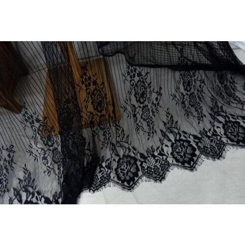 Striped Chantilly Florals Lace Fabric With Both Scalloped Borders In Black/Off White For Wedding Veil, Table Runner, Shawl, Brid