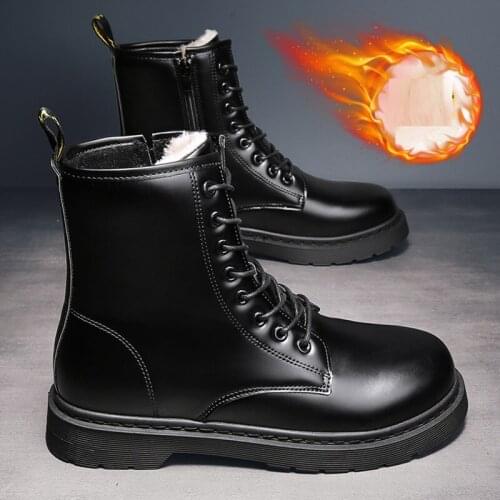 New Quality PU Men Winter Leather Boots Fashion Short Plush Waterproof Ankle Bootie Male High-tops Shoes Martins Boots Promotion