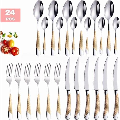 Home Tableware Cutlery Set Stainless Steel 24pcs Gold Dinnerware Set Spoon Fork Knife Dinner Set Tableware Eco Friendly Flatware