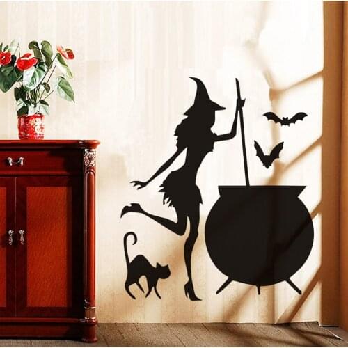 Halloween Flying Bats Cat Witches Wall Stickers Living Room Wall Window Decor Witch Silhouette Vinyl Decals Removable Art Mural