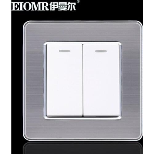 86mm EU White Stainless Steel Metal Wire Drawing Wall Switch for Household Power Supply 2Gang 1Way Switch 250V 16A