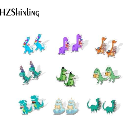 2021 New Dinosaur and Books Stud Earring Love Reading Acrylic Resin Earrings Epoxy Handmade Jewelry Gifts Girl