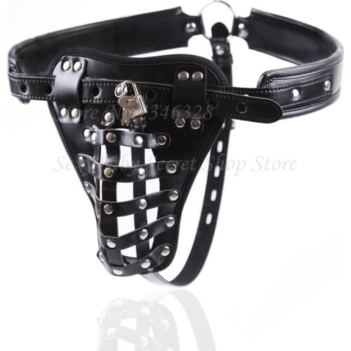 New PU leather Male Chastity Belt Device Pants Sexy Underwear Lock Adult Erotic Penis Cage Penis Rings Penis Bondage Cock Rings