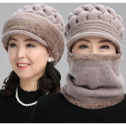 Winter Coral Fleece Knitted Wool Hats For Women Scarf Warm Breathable Woolen Knitted Hats Velvet Beanies Double Layers Caps