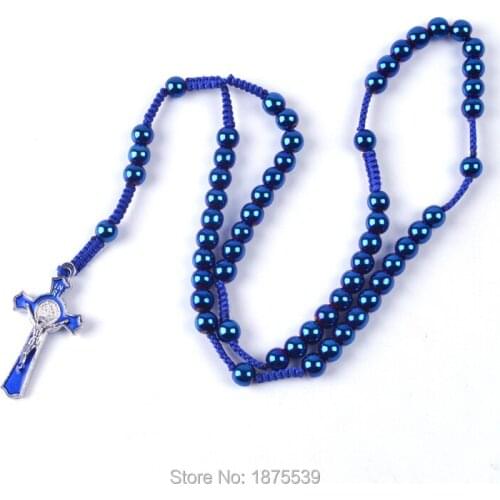 Blue Round Hematite Bead Catholic Woven Rosary Necklace St Benedict Crucifix