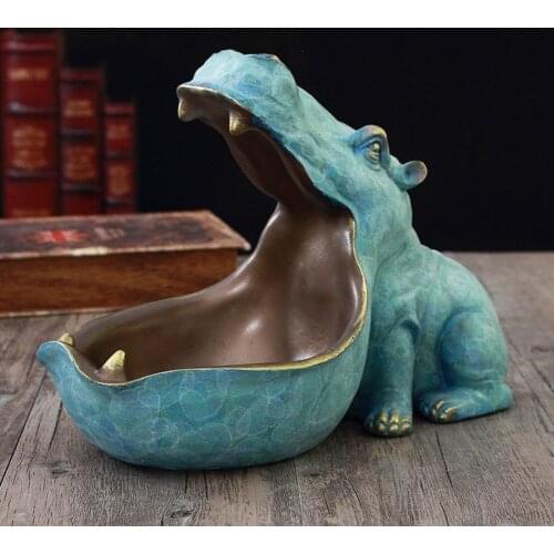 Resin Hippo Statue Hippopotamus Sculpture Figurine Key Candy Container Sundries Storage Holder Home Table Artware Desk Decor