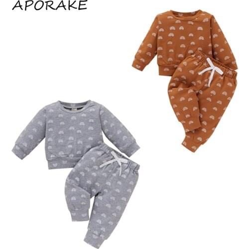 2021 0-24M Infant Baby GIrl Boy Clothes Rainbow Print Round Neck Long Sleeve Sweatshirt+Pants Spring Fall Casual Outfits 2pcs