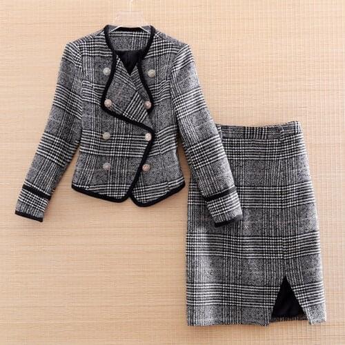 High-end Women 2 pieces Wool Set Fashion Slim Stripe Coat Top Suit+ A-line Skirt Elegant Lady Casual Suit Set S-XL