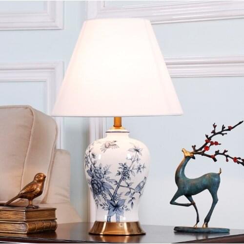 XIRIGHT 36X60CM New Chinese Style Blue and White Porcelain Ceramic Table Lamp Retro Ceramic Living Room Bedroom Bedside Lamp